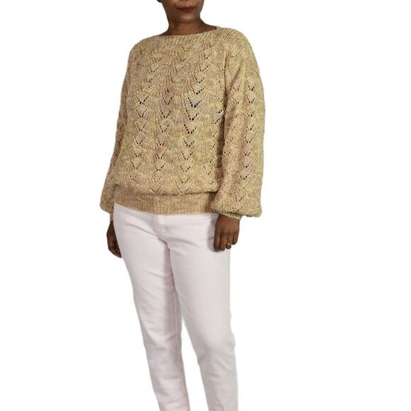 Vintage Boat Neck Sweater Balloon Sleeve Slouchy Open Knit Neutral Size Small - Picture 5 of 12